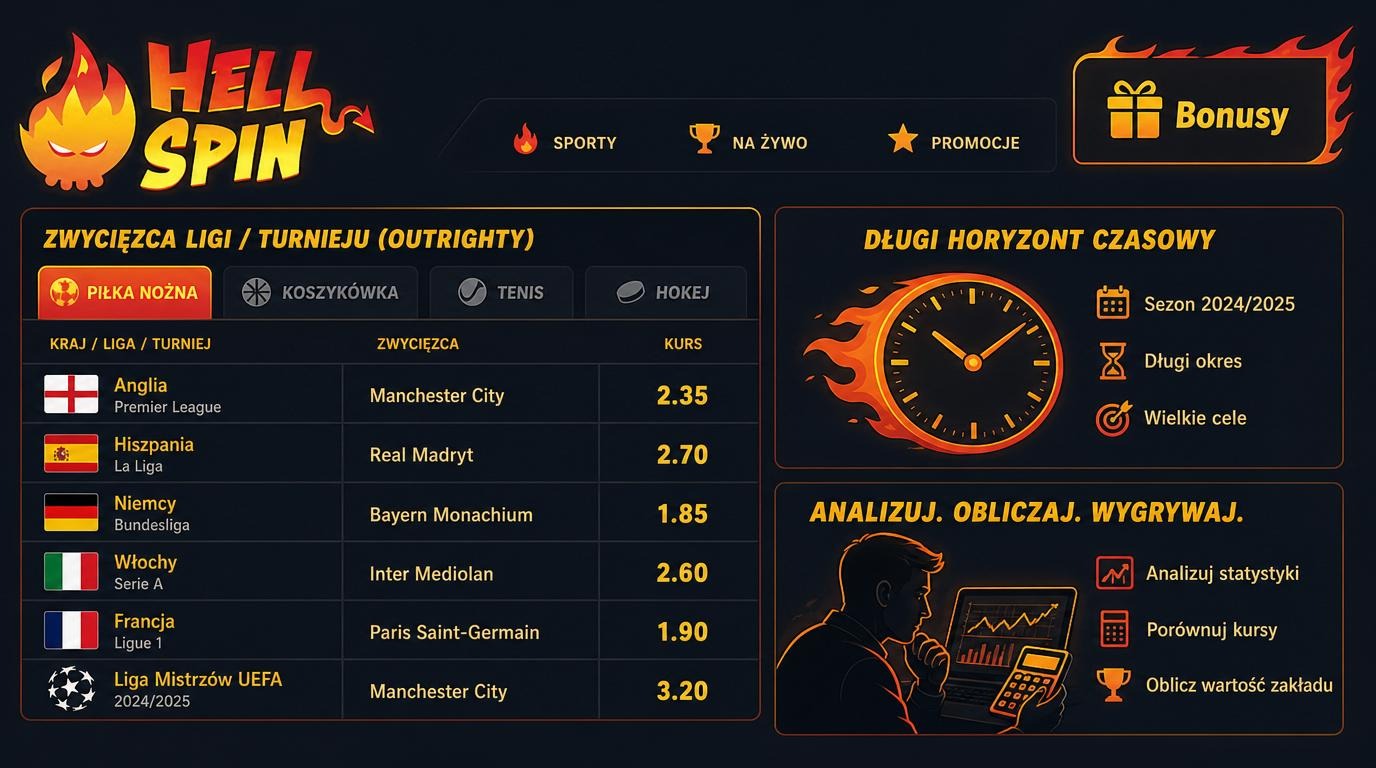 Tabela kursów outright na mistrza ligi, zegar symbolizujący czas, ikona bonusów, gracz z kalkulatorem analizujący dane.