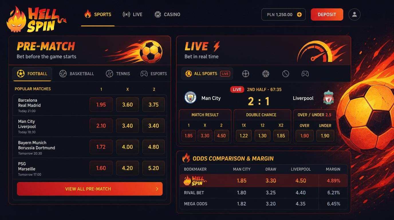 Dwa ekrany: Pre-Match i Live, lampa szybkości nad live, porównanie kursów.