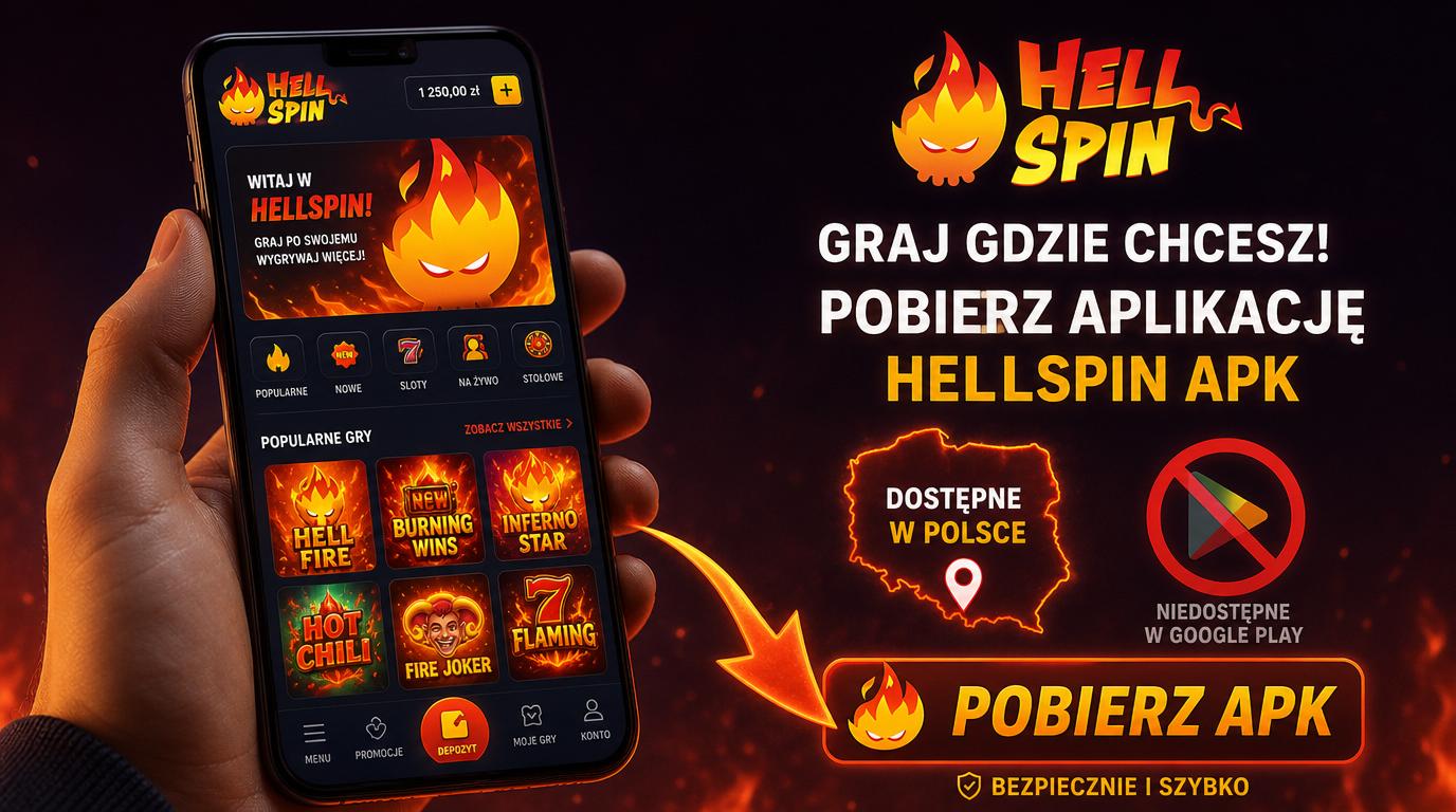 Telefon pokazuje komunikat „Brak w Google Play”, smartfon z APK, logo Hellspin i flaga Polski