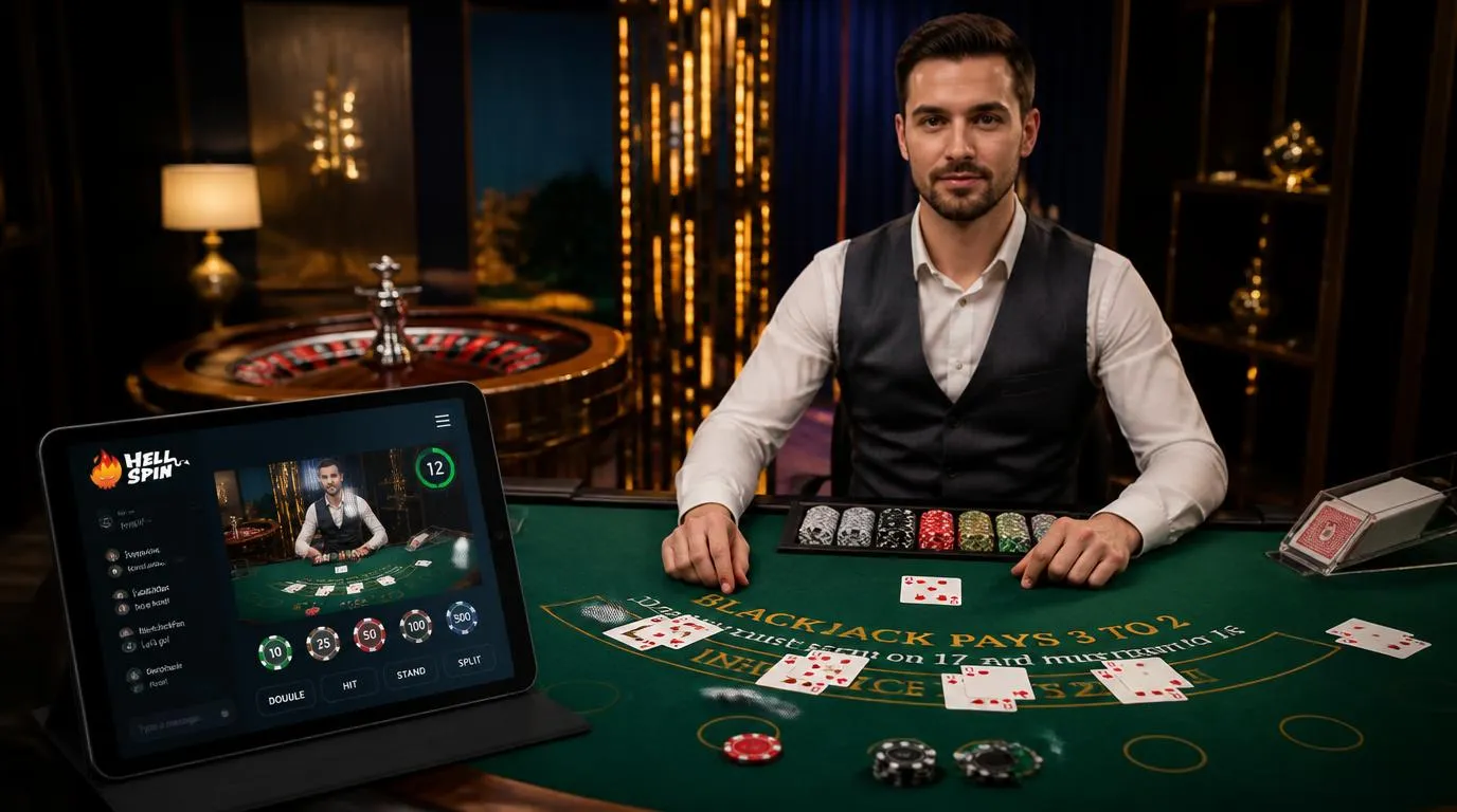 Krupier przy stole blackjacka, koło ruletki i ekran kasyna live z przyciskami wyboru stawki
