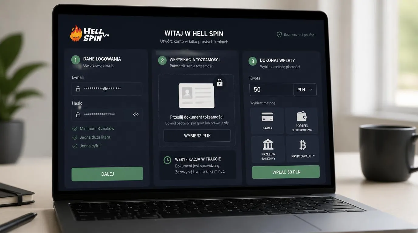 Panel konta z formularzem rejestracji, przesyłaniem dokumentu i pierwszą wpłatą 50 PLN