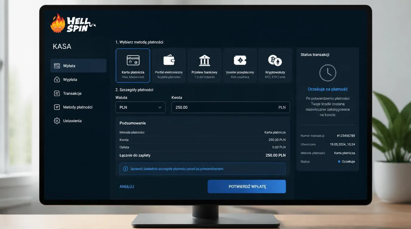 Panel kasjera z wyborem kart, portfeli, przelewu i kryptowalut oraz polem kwoty w PLN