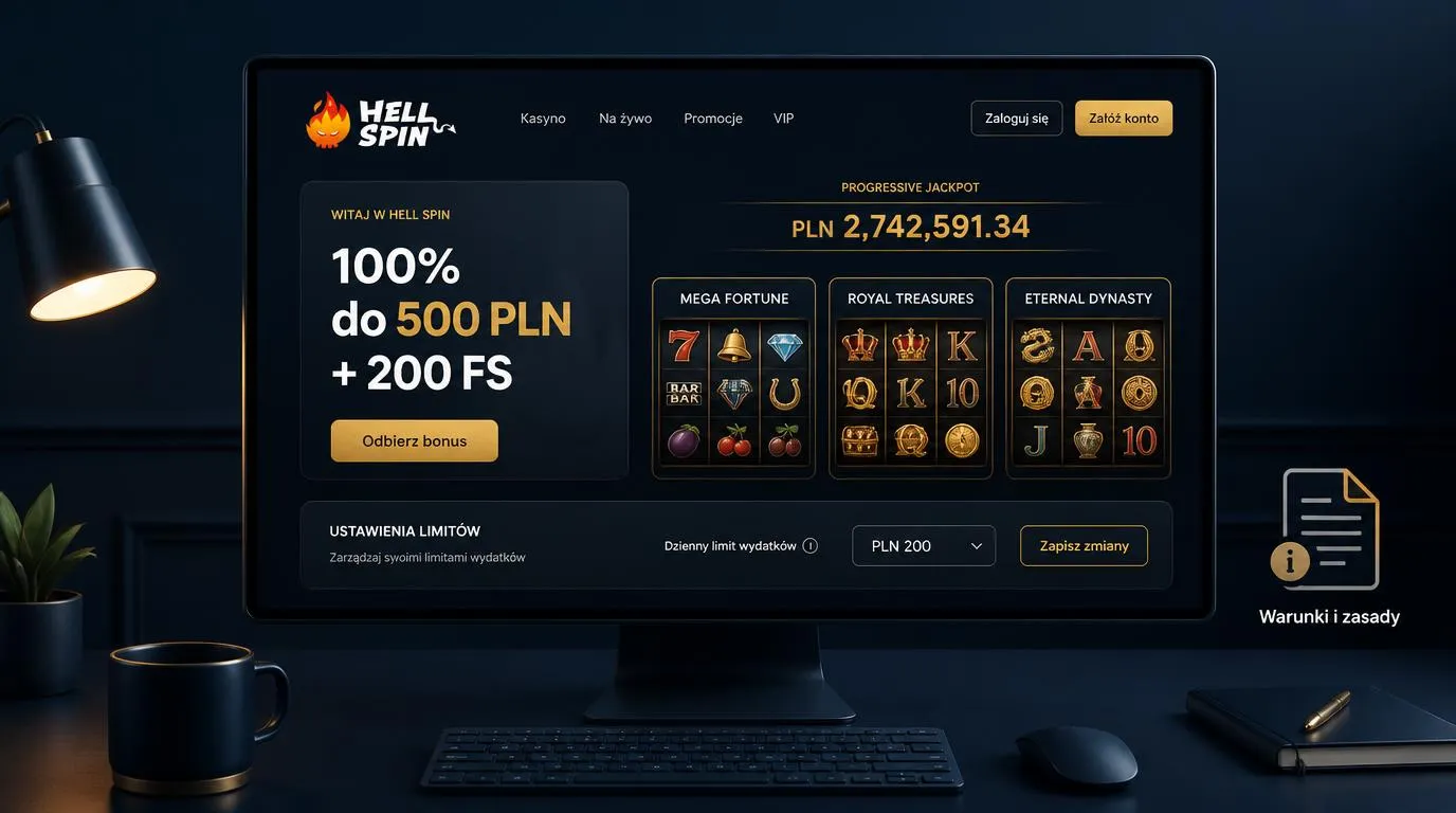 Ekran oferty powitalnej 100% do 500 PLN i 200 FS obok automatów z jackpotem oraz ustawień limitu wydatków